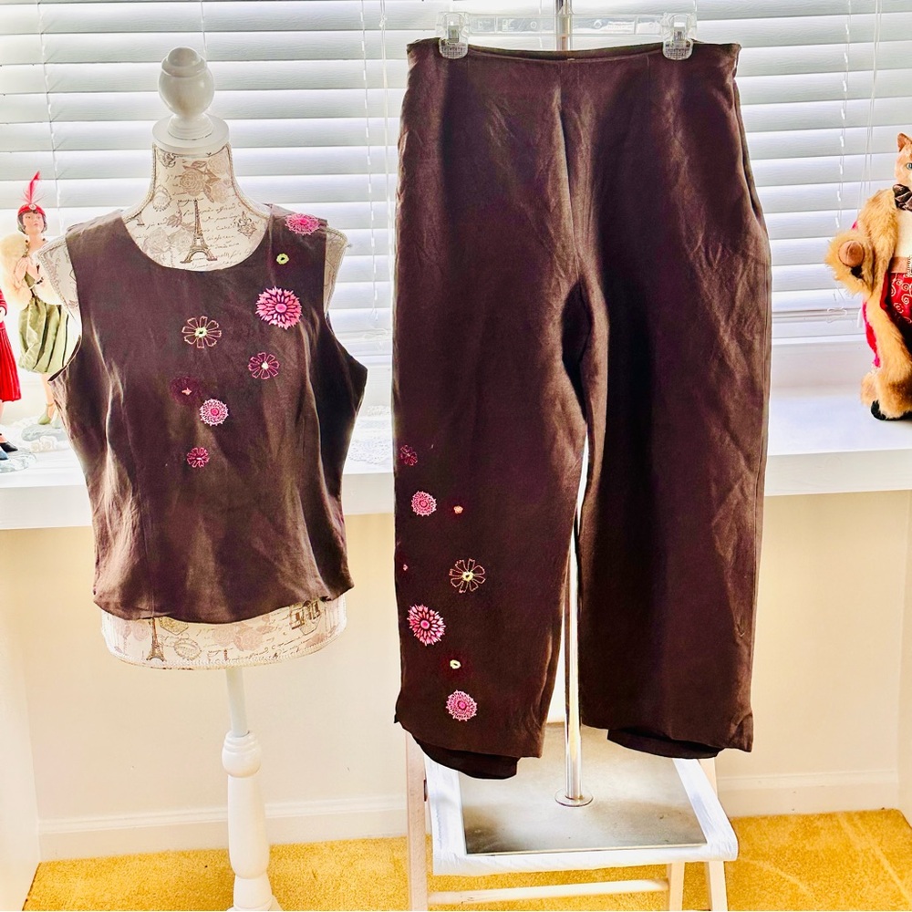 Y2K 2 Piece Top Pants Linen Blend by Paraphrase Brown Cropped Pink Embroidery